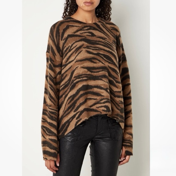 NWT Zadig & Voltaire Markus Tiger Print Cashmere Pullover Sweater In Brown M - Picture 1 of 16